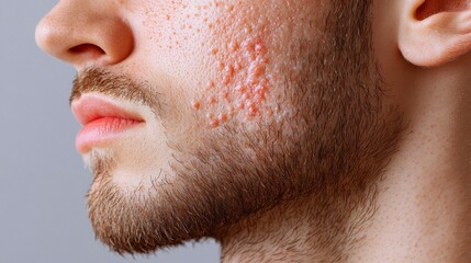 The close-up showcases a young man with noticeable acne on his jawline and cheek, emphasizing the texture of his skin and facial hair.