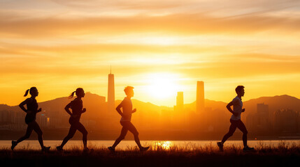 group of runners pushing their limits against stunning sunset backdrop, showcasing determination and energy