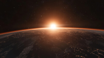Panoramic view of the Earth from outer space, with the sun rising from the horizon
