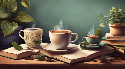 Obraz premium Cozy Background with Hand-Drawn Coffee Cups, Plants, and Books for a Warm and Relaxing Vibe