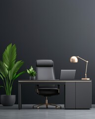 Modern Office Desk with Black Chair and Plants
