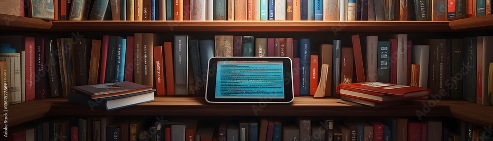 Poster tablet computer on a bookshelf with old books