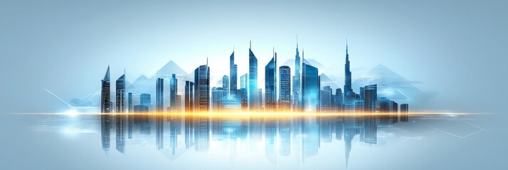 Fototapeta premium Horizonte de una ciudad moderna con rascacielos y edificios altos reflejados en el agua, con un fondo de tonos azules. La imagen tiene un estilo futurista y minimalista.