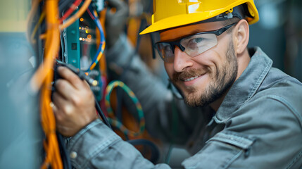 smiling handsome electrician repairing electrical box with pliers in corridor and looking at camera