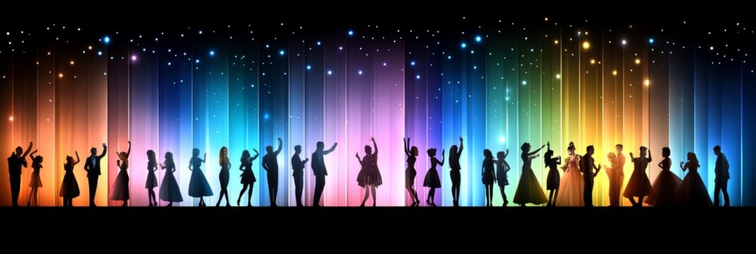  Personas bailando frente a luces brillantes y estrellas, representando la alegr&iacute;a y celebraci&oacute;n.
