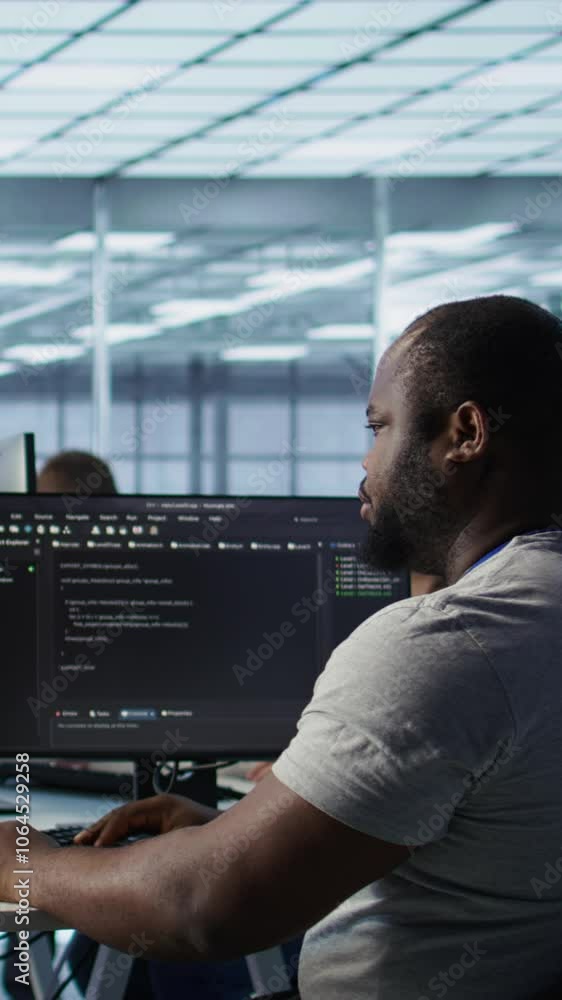 Poster sick it professional in server hub sneezing while shielding data from potential threats using pc. il