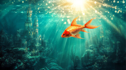 The most gorgeous underwater ocean scene with a fish swimming around.