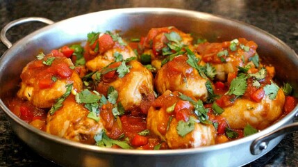  Pollo estofado con vegetales y hierbas frescas, servido en una olla redonda de metal.
