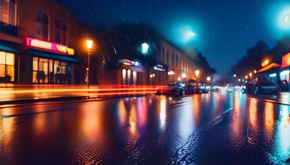 Obraz premium Rainy city street at night with colorful neon lights, creating a vibrant and dynamic urban scene