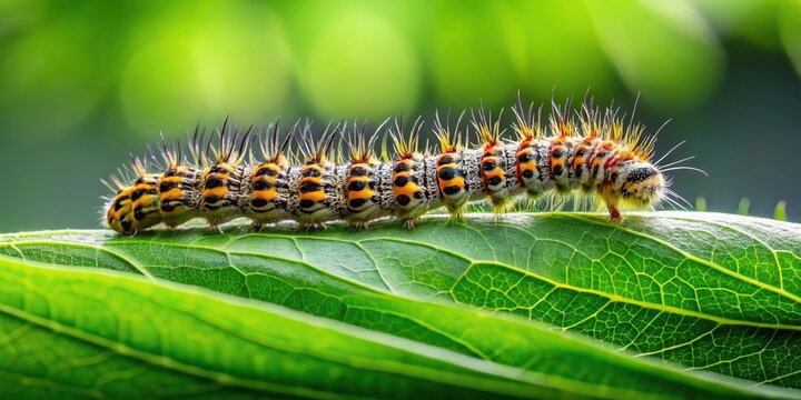 Caterpillar pine processionary moving on a green leaf