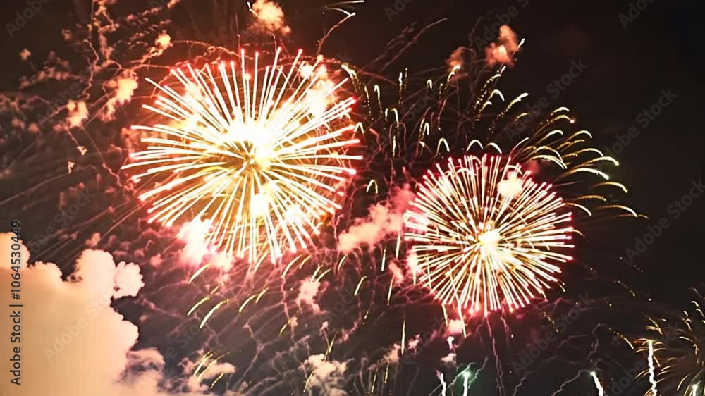 Poster fireworks display at night, with trails of light streaking across the dark sky. animation looping vi
