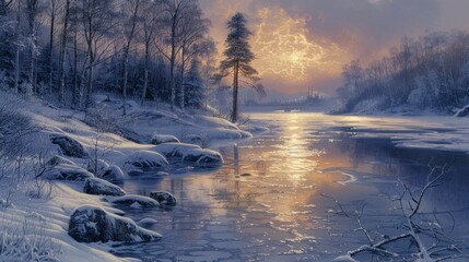 Fototapeta premium Winter Sunset on the Frozen River