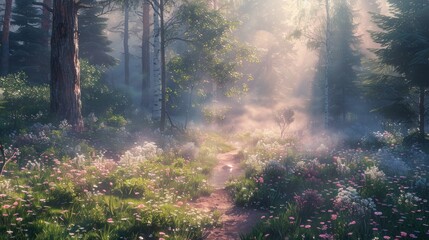 Obraz premium Sunbeams through Misty Forest