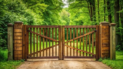 Closed wooden gate with green forest in the background