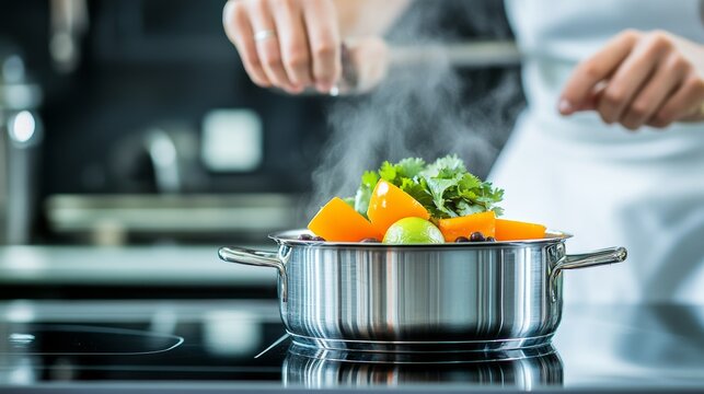  Verduras frescas cocin&aacute;ndose en una olla en la estufa mientras se agregan especias, creando una comida saludable y casera.
