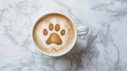 Cat or dog paw latte art coffee in white mug on wooden table at pet cafe,kawaii latte art in japan cafe,pet friendly,Barista making latte art in a cup of coffee,cafe or bistro with hot drink to go.