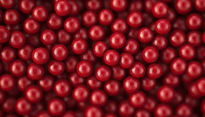 A close-up view of many bright red, spherical objects resembling berries or candy, clustered tightly together.