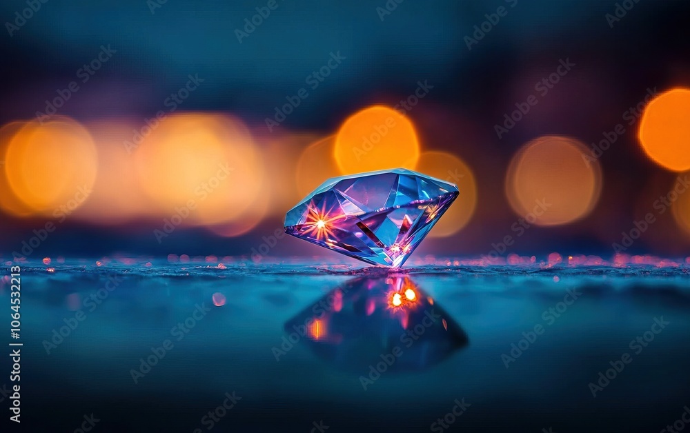 Poster a glimmering diamond rests elegantly on a smooth surface, reflecting colorful bokeh lights, creating