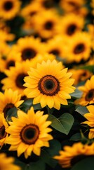 Fototapeta premium A vibrant field of sunflowers stretches across the scene, their bright yellow petals contrasting beautifully against the green leaves.