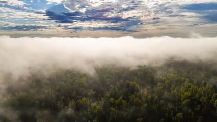 Flying above the clouds at dawn in autumn