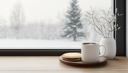 A cozy winter scene featuring a warm cup of coffee, cookies, and a vase with decorative branches, all viewed through a snowy window.