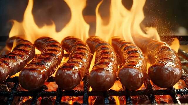 Juicy Sausages Grilling Over Open Flame