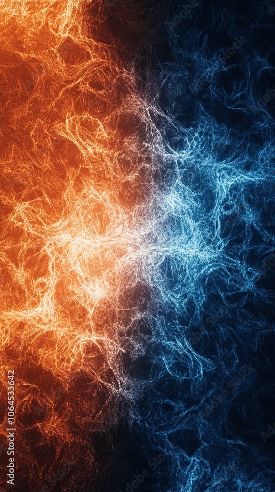 Poster an abstract representation of energy, featuring contrasting blue and orange colors, creating a dynam