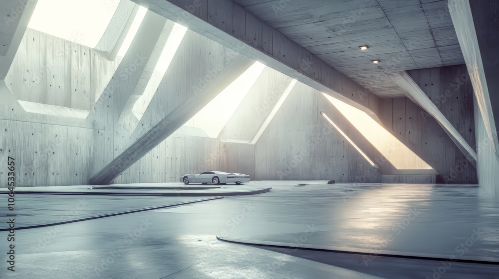 Aufkleber 3d render of ultra-realistic futuristic architecture with empty concrete floor, geometric structure 