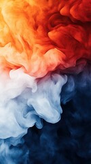 A vibrant blend of orange, white, and blue smoke creates an ethereal, abstract visual effect that captivates the eye.