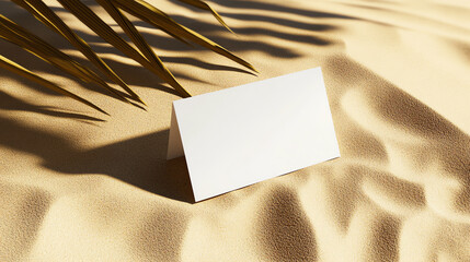 White card mockup with palm shadow on sand background