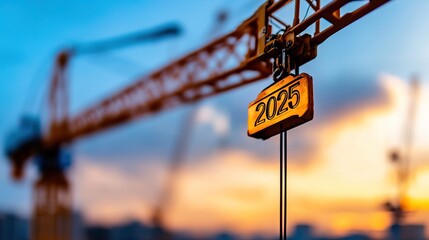 A close-up of a construction crane with a sunset background. The crane features a sign that reads "2023," hinting at ongoing building projects.