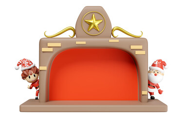 3d santa claus and santa girl standing next to fireplace with copy space isolated. merry christmas and festive new year concept, 3d illustration render