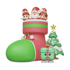 3d santa claus in socks with christmas tree, gift box isolated on blue background. merry christmas and festive new year concept, 3d illustration render