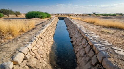 Fototapeta premium Serene Desert Canal with Clear Water Reflection