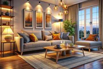 Fototapeta premium Panoramic Living Room with Elegant Table - Seamless Looping 4K Animation Background, Cozy Atmosphere, Modern Interior Design, Relaxing Ambience, Stylish Home Decor