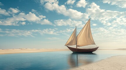 Fototapeta premium Tranquil Sailing Boat in Desert Oasis Under Blue Sky
