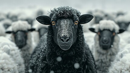 A close-up of a black sheep standing out in a flock of white sheep, highlighting its unique appearance and individuality. The black sheep is in sharp focus, while the background is softly blurred.