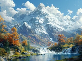 Majestic Mountain Landscape with Waterfalls and Autumn Trees