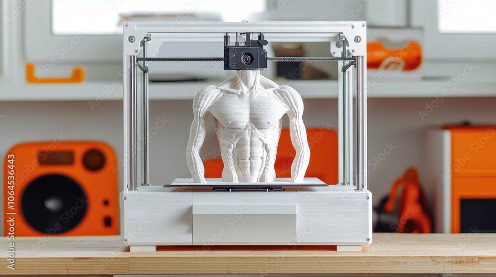 Poster a 3d printer is creating a skeletal model in a bright workshop
