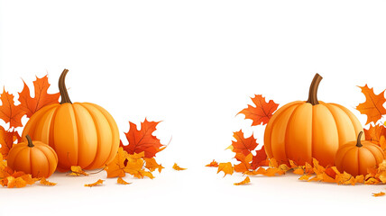 Autumn pumpkins and vibrant leaves arranged on a white background for seasonal decor