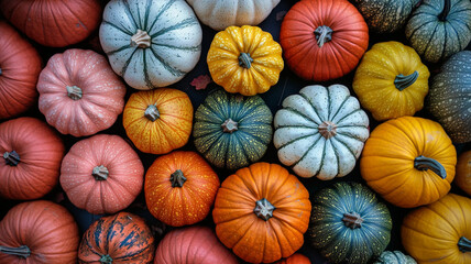 Colorful assortment of pumpkins arranged seasonally on a rustic background in autumn