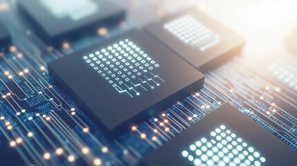 Fototapeta premium Abstract tech-scape of microchips, hard drives, and circuits in a luminous web of data flow, capturing the intricate design of a connected, digital future