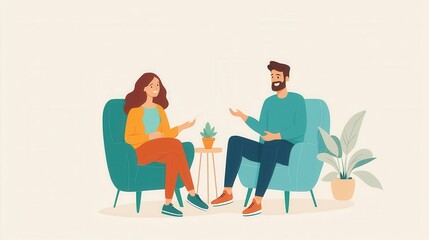 Fototapeta premium A cozy, modern illustration of a man and woman chatting in armchairs, communication and connection