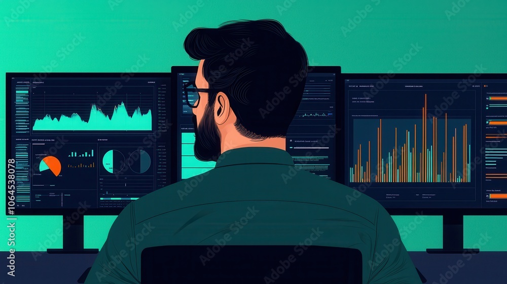 Poster a person analyzes data on multiple monitors, various graphs and statistics