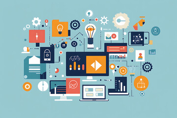 Work of employees in the office and team. People discuss of a business plan on a monitor, brainstorming a startup idea, creating a company vision, entrepreneur developing a mission.Vector illustration