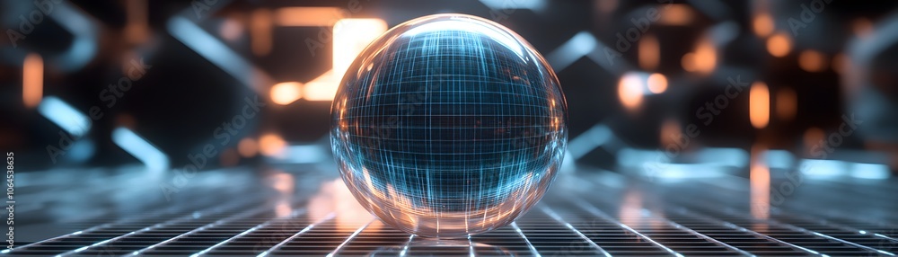 Poster a glass sphere with a grid pattern reflecting light in a futuristic setting