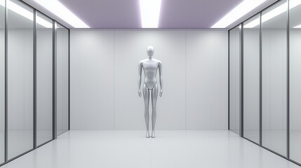Fototapeta premium A minimalistic space featuring a humanoid figure standing alone in a bright, glass-walled corridor with a sleek