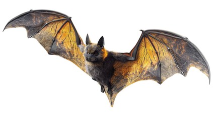 A bat with wings spread wide, flying through the air. The bat has long, pointed ears and is covered in brown fur.