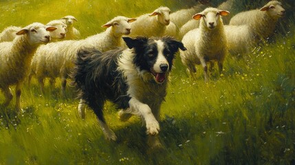 A black and white border collie herding a flock of sheep through a green field.