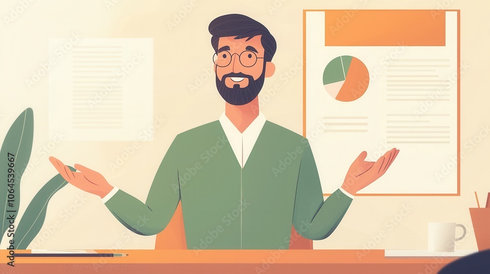 Poster a friendly, bearded man in glasses gestures while presenting data in an office setting